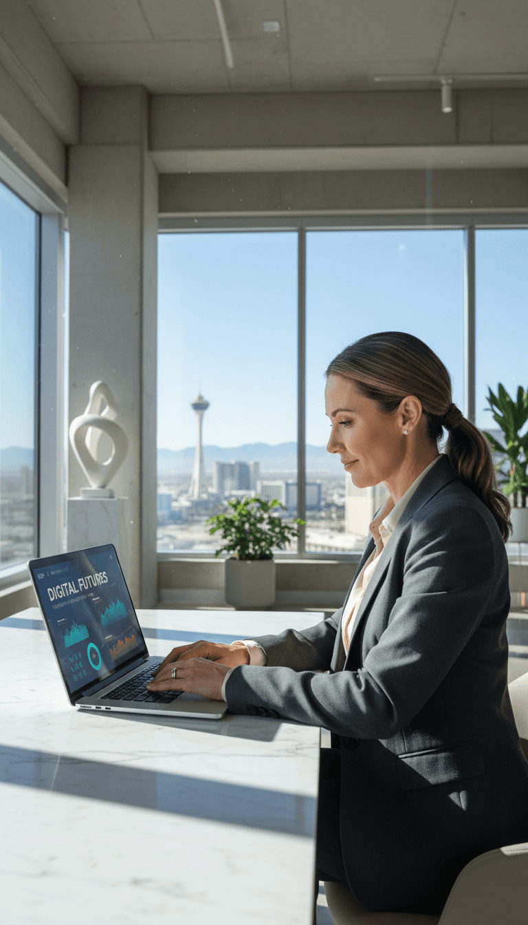 Laptop displaying responsive website design in a modern office setting